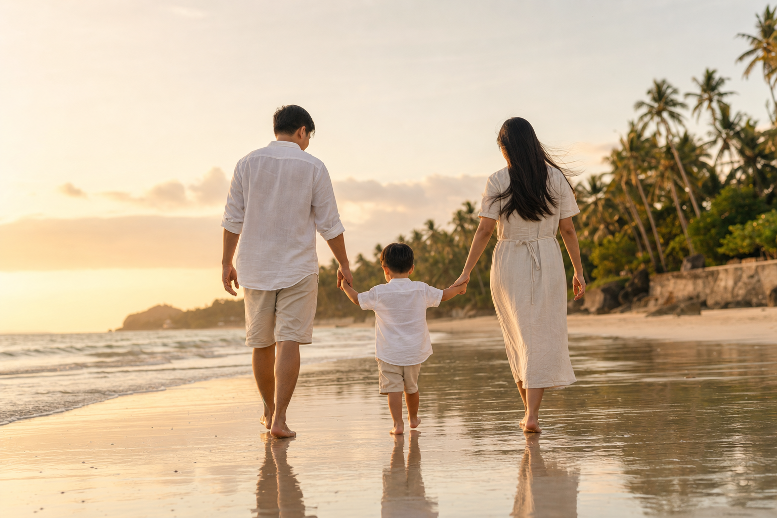 Family walking together on a tropical beach