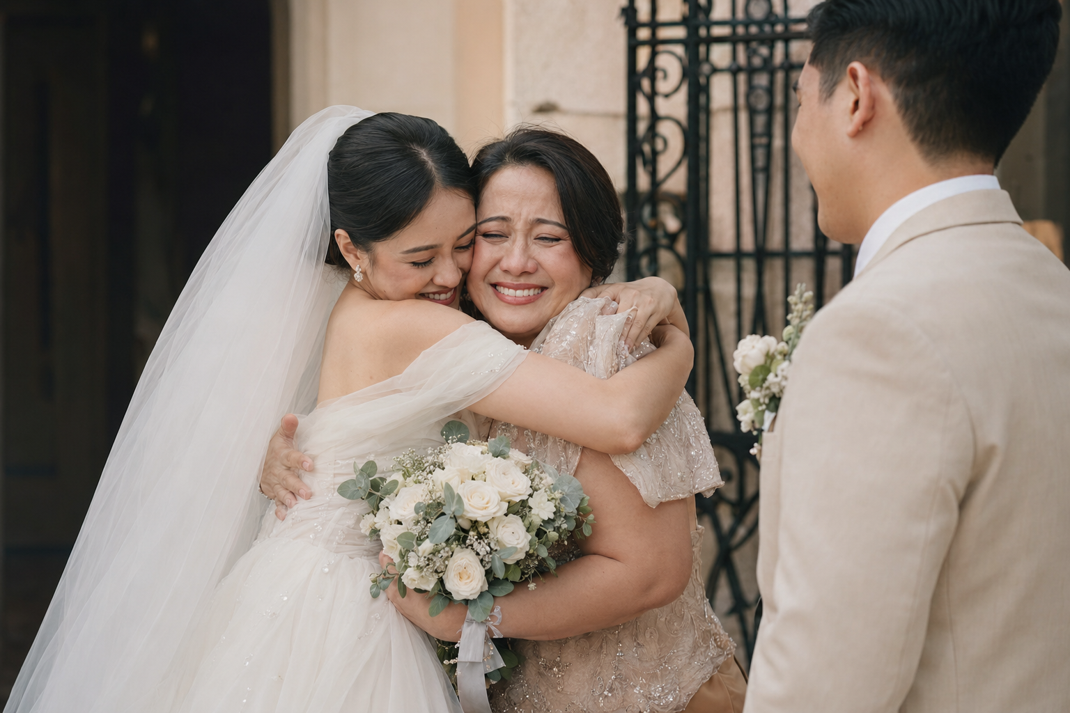 Bride embracing her mother