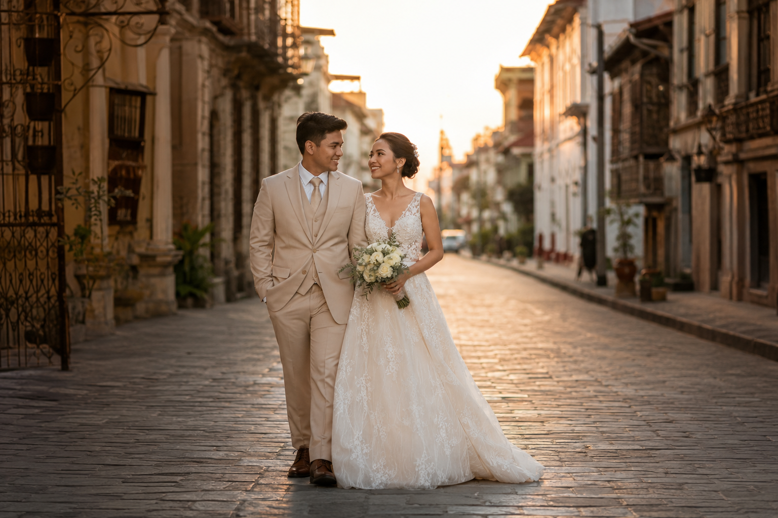 Newlyweds walking through Iloilo